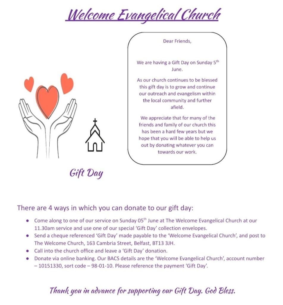 Gift Day 5th June 2022 – Welcome Evangelical Church